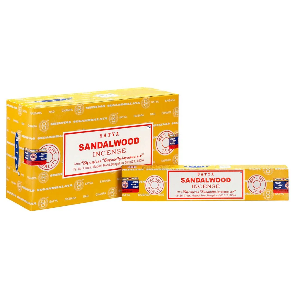 Box set of 12 packs of Satya sandalwood incense sticks with oriental woody fragrance and handmade artisan quality