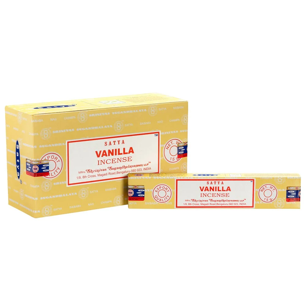Box of 12 packs of Satya vanilla incense sticks, each pack containing 10-12 vegan-friendly sticks in bright packaging