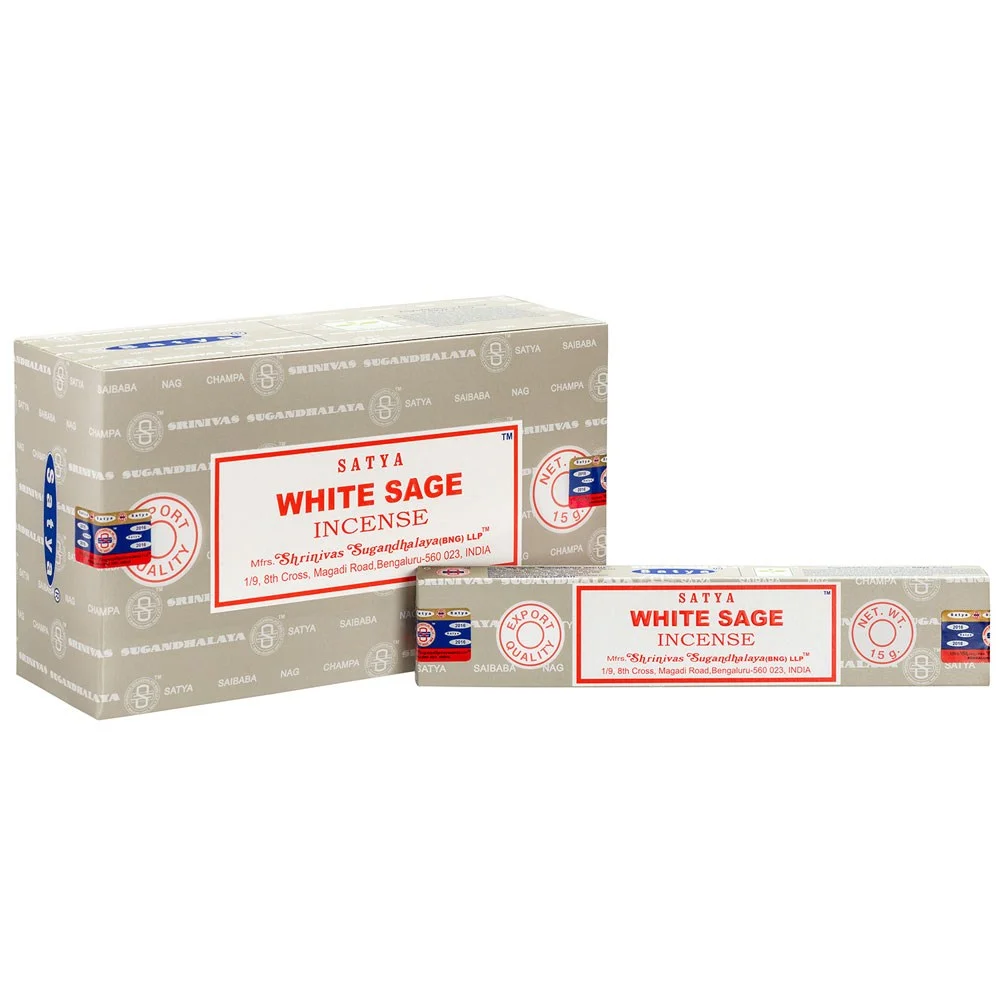 Set of 12 packs of Satya white sage incense sticks with blue and white packaging arranged side by side