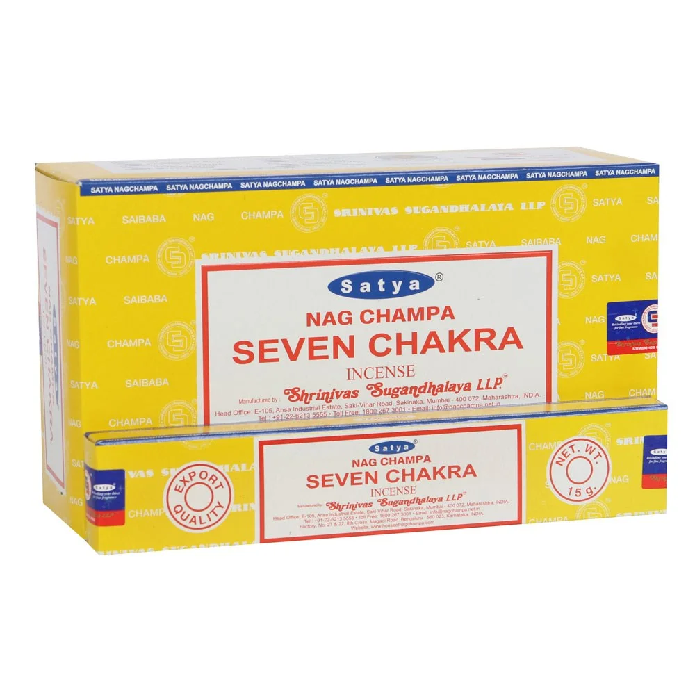 Box set of 12 packs of Satya seven chakra incense sticks with colorful packaging showing chakra symbols and branding