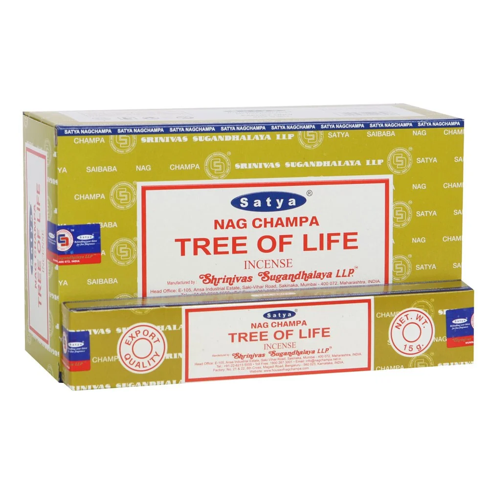 Box containing 12 packs of Satya Tree of Life incense sticks with green and woody scent packaging