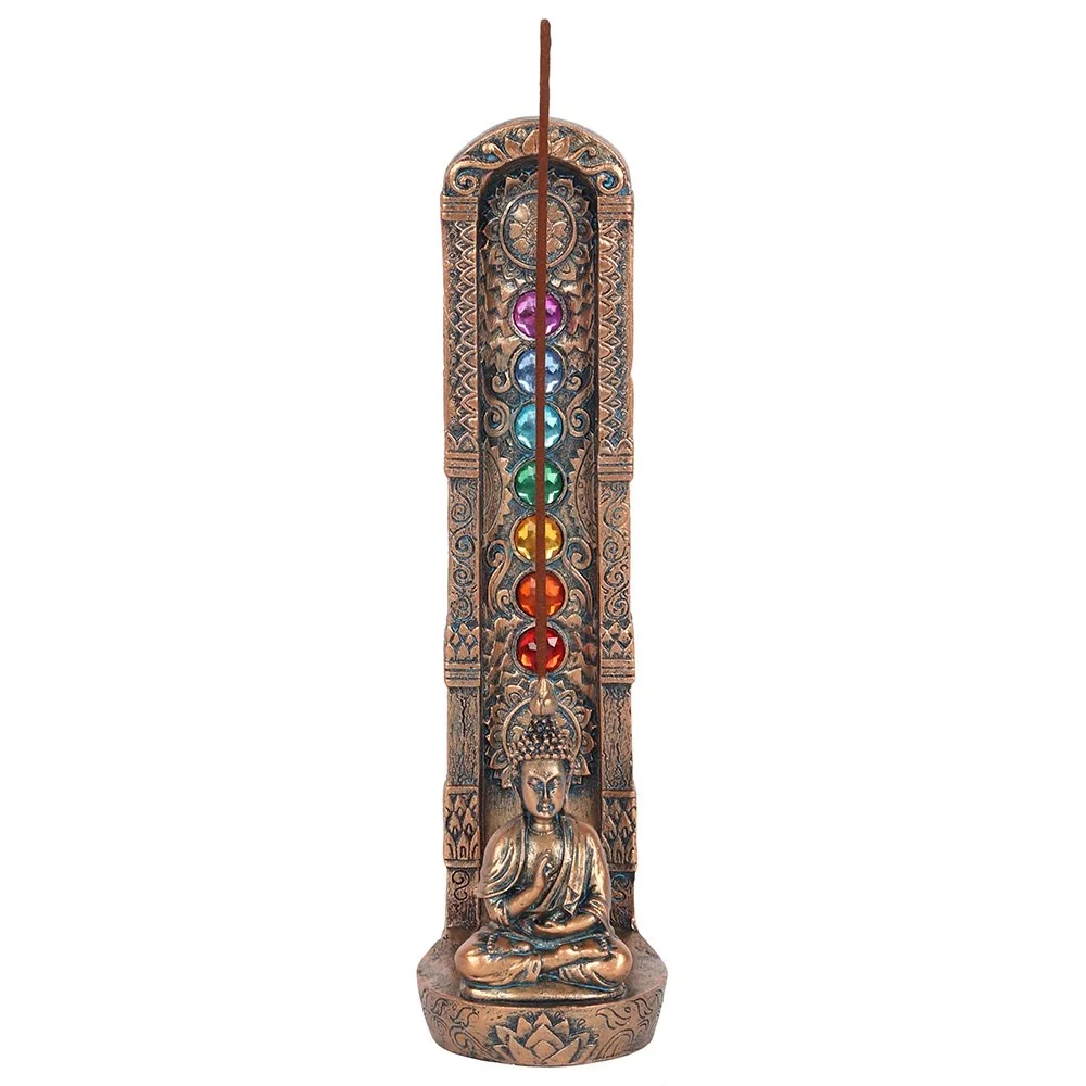 Antique bronze chakra incense holder with seven chakra colors and a meditating Buddha figure, 23.5cm tall.
