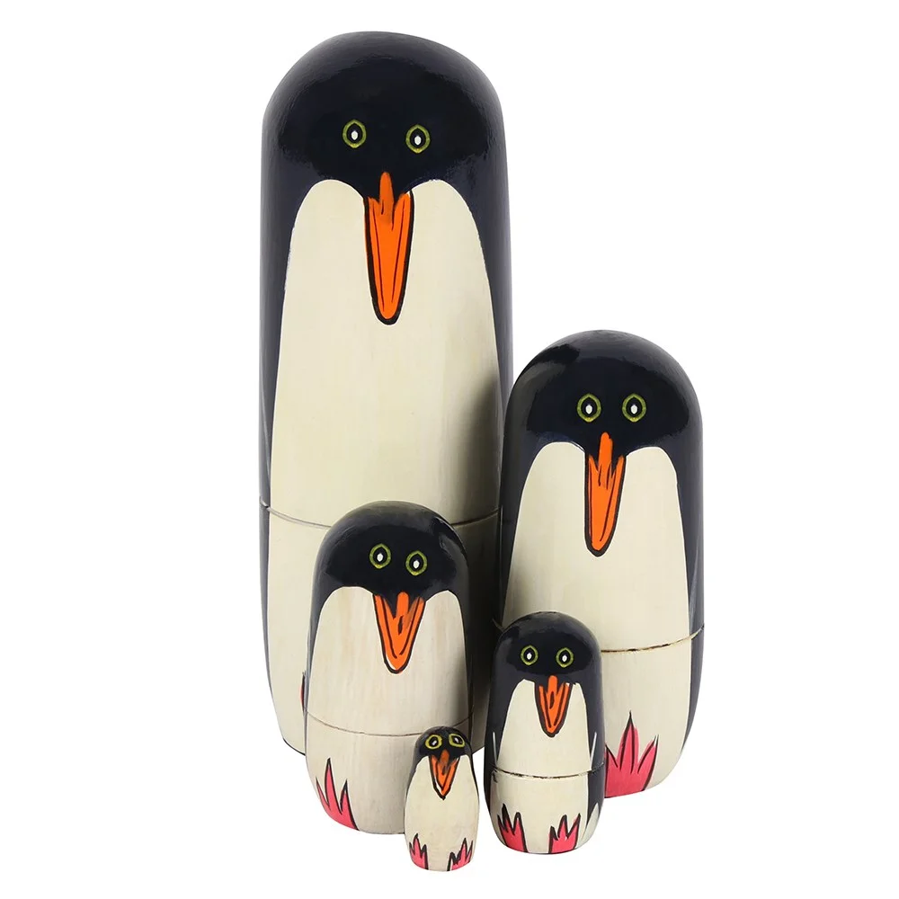 Set of five handpainted wooden penguin nesting dolls stacked inside each other, 16cm tall ornament
