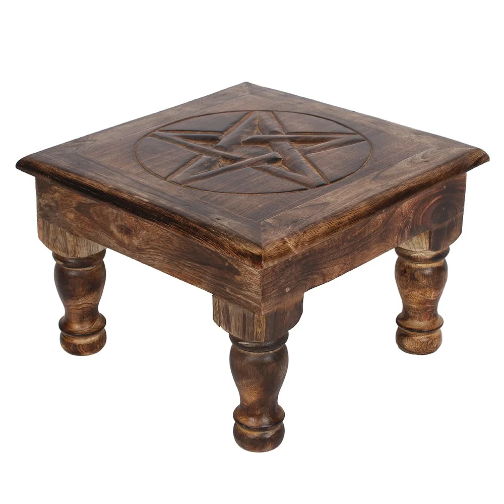Mangowood pentagram altar table, medium size, rectangular top with etched pentagram design.
