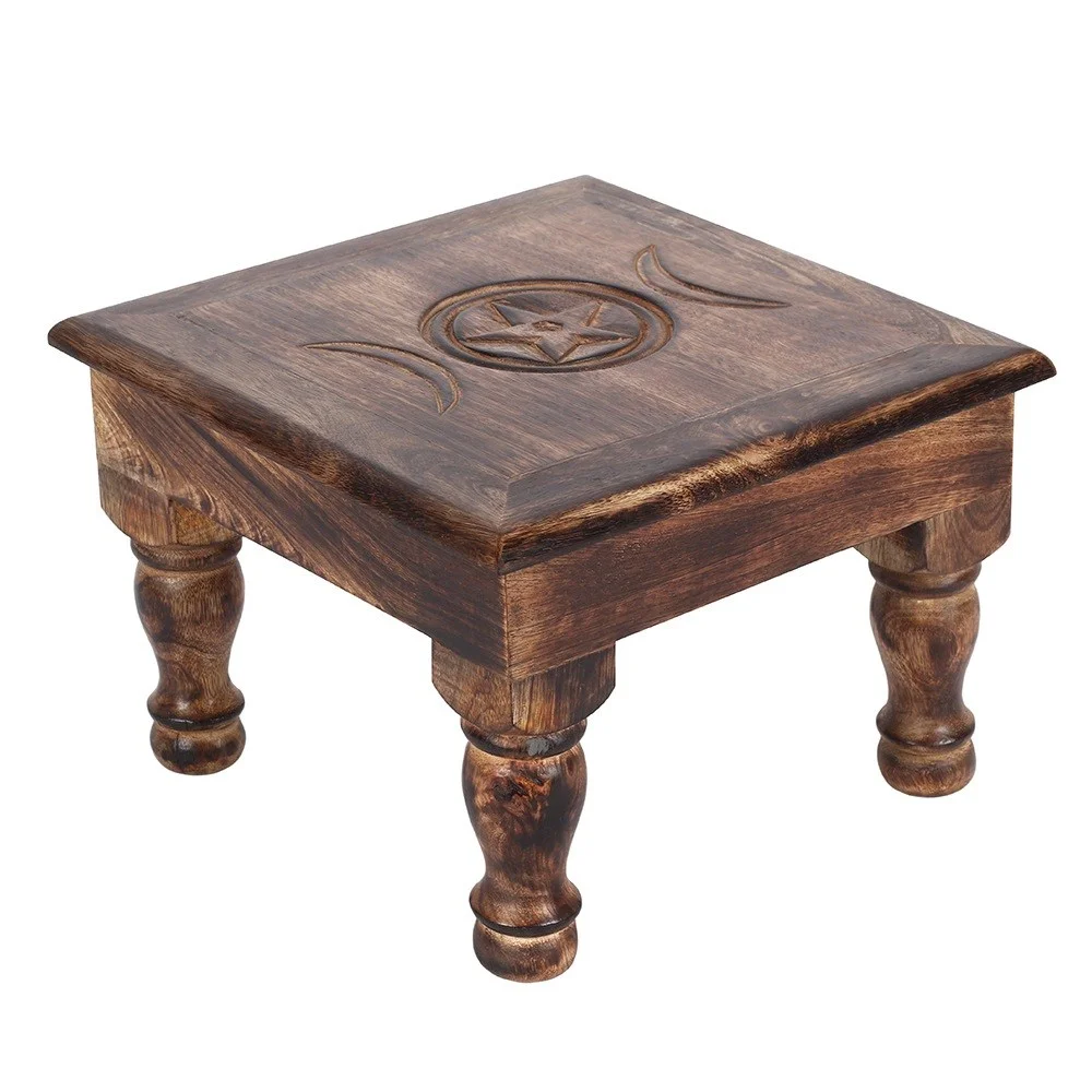 Triple moon altar table in mangowood, featuring a triple moon design on a medium-sized tabletop