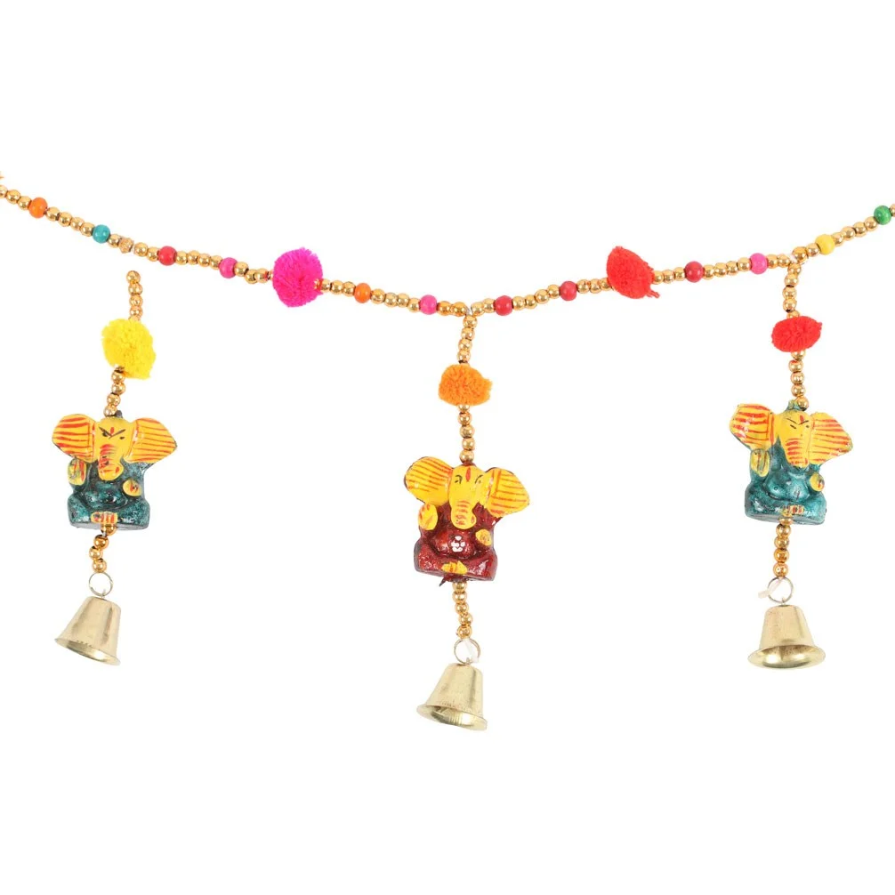 Ganesh hanging garland with wooden Ganesh figures, colourful beads, pom-poms, and small bells on string