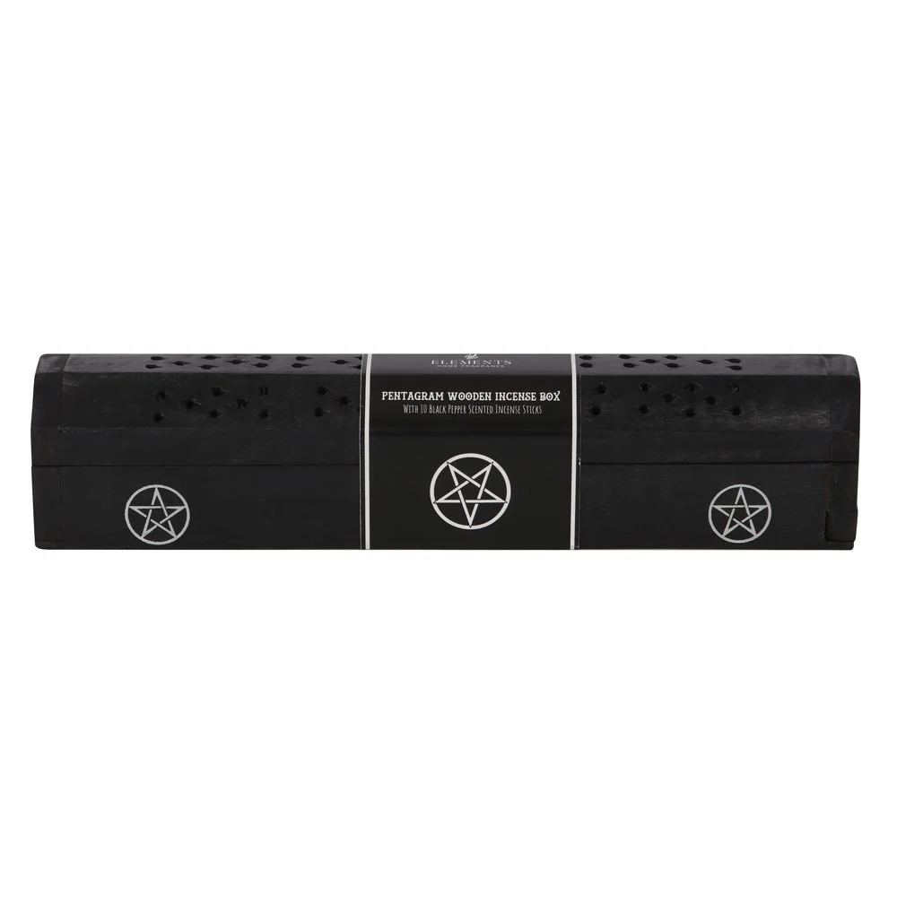 Black pepper incense box set with mango wood pentagram-printed holder and 10 incense sticks arranged inside