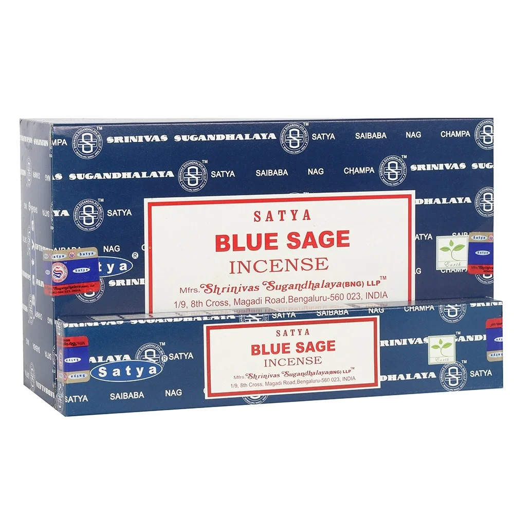 Box containing 12 packets of Satya blue sage incense sticks, each packet holding 10-12 handrolled sticks