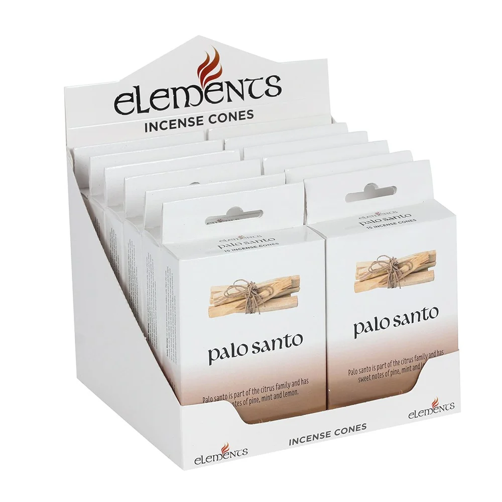 Display box with 12 packs of Elements palo santo incense cones, each pack containing 15 cones with citrus scent