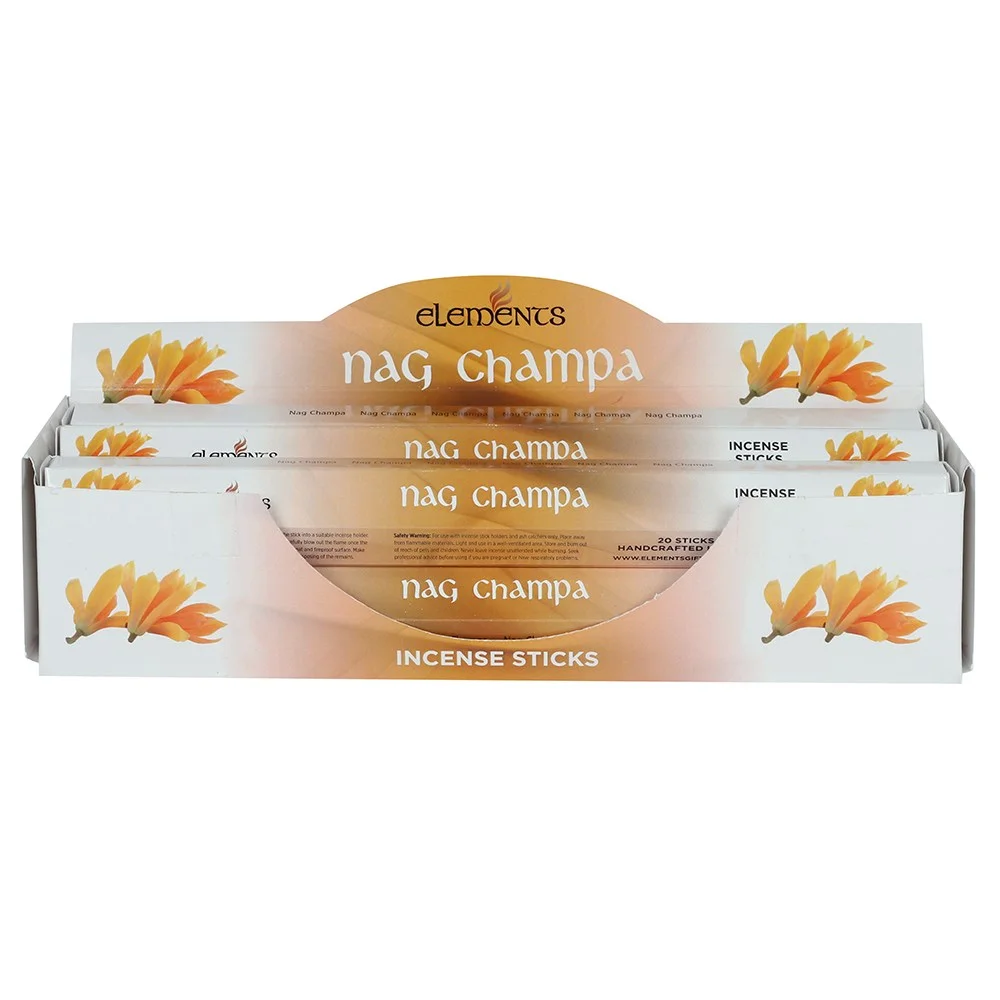 Six rectangular packs of Elements Nag Champa incense sticks arranged side by side with blue and white packaging