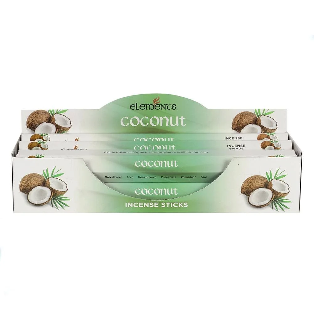 Set of 6 packs of Elements coconut incense sticks, each pack containing 20 sticks in rectangular packaging
