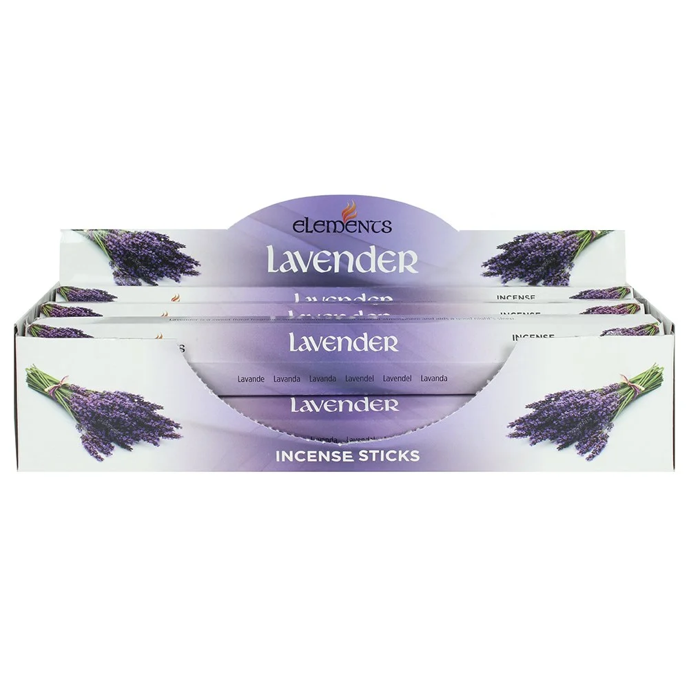 Box containing 6 packs of Elements lavender incense sticks, each pack with 20 sticks, displayed on white background
