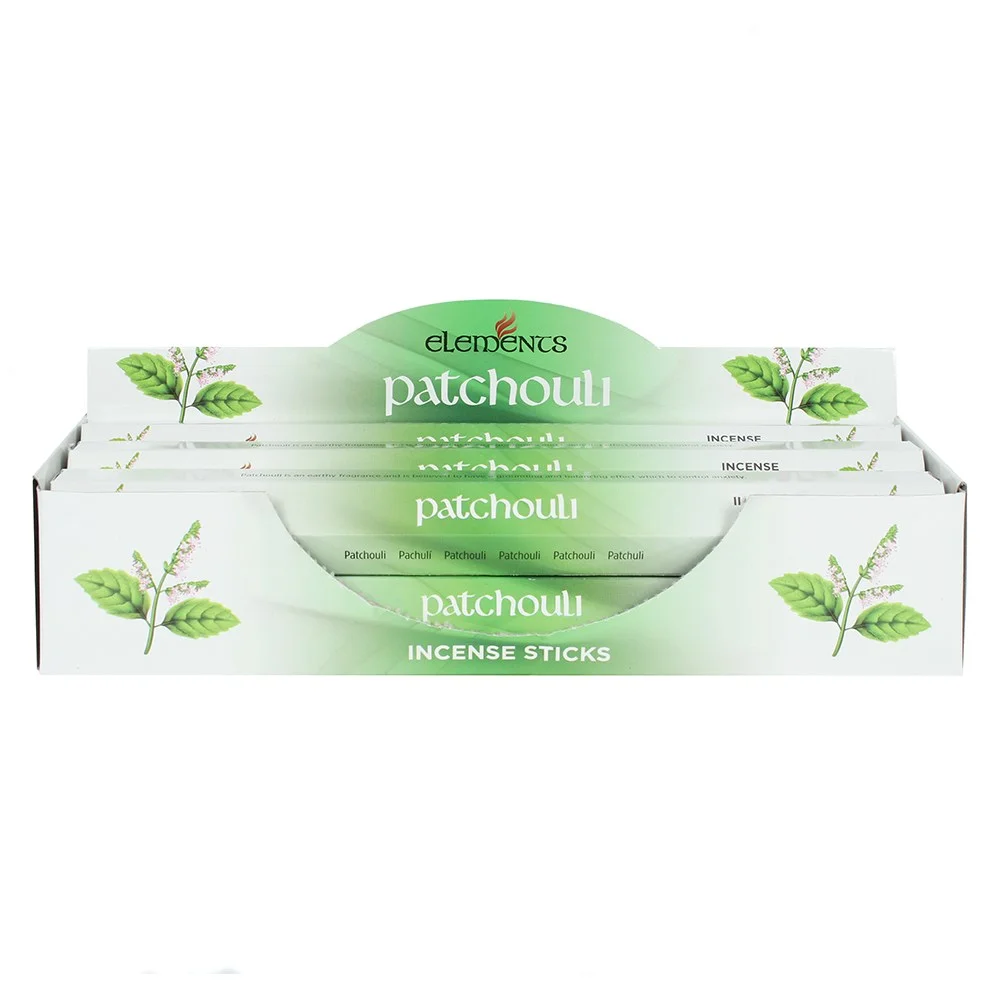 Set of 6 hexagonal packs of Elements patchouli incense sticks, each containing 20 sticks in a display box