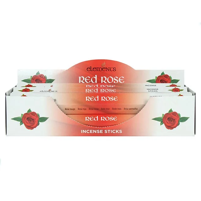 Set of 6 packs of Elements red rose incense sticks boxes, each containing 20 incense sticks, arranged side by side