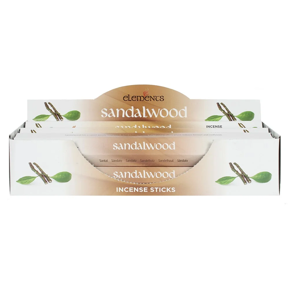 Box of six packets of Elements sandalwood incense sticks, each packet holding 20 sticks arranged in neat stack