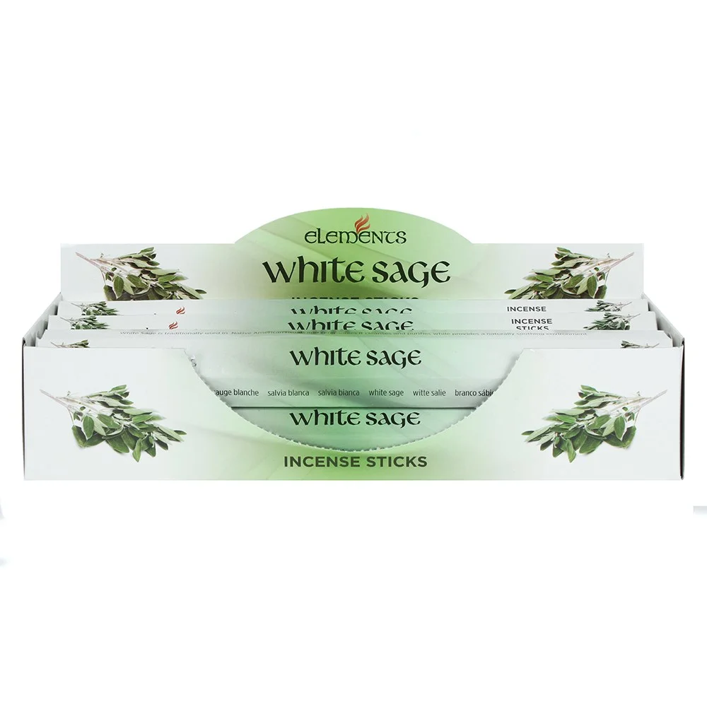 Box containing 6 packets of Elements white sage incense sticks, each pack with 20 sticks, white and green packaging
