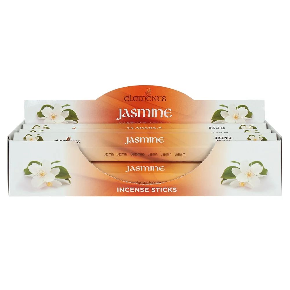 Box containing 6 packs of Elements jasmine incense sticks, each pack with 20 sticks, white and green packaging.