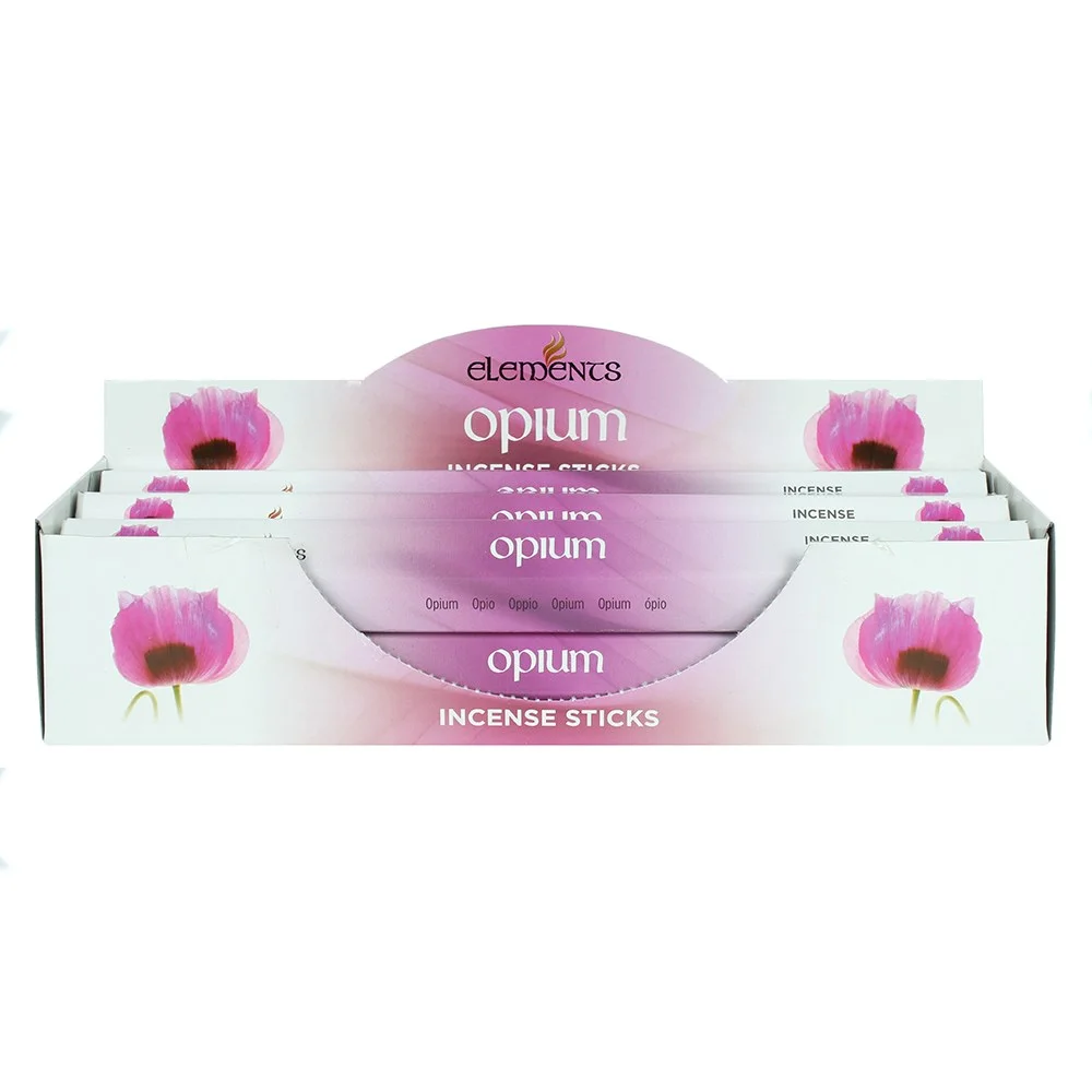 Set of 6 Elements Opium incense sticks packs, each containing 20 sticks, arranged with packaging visible