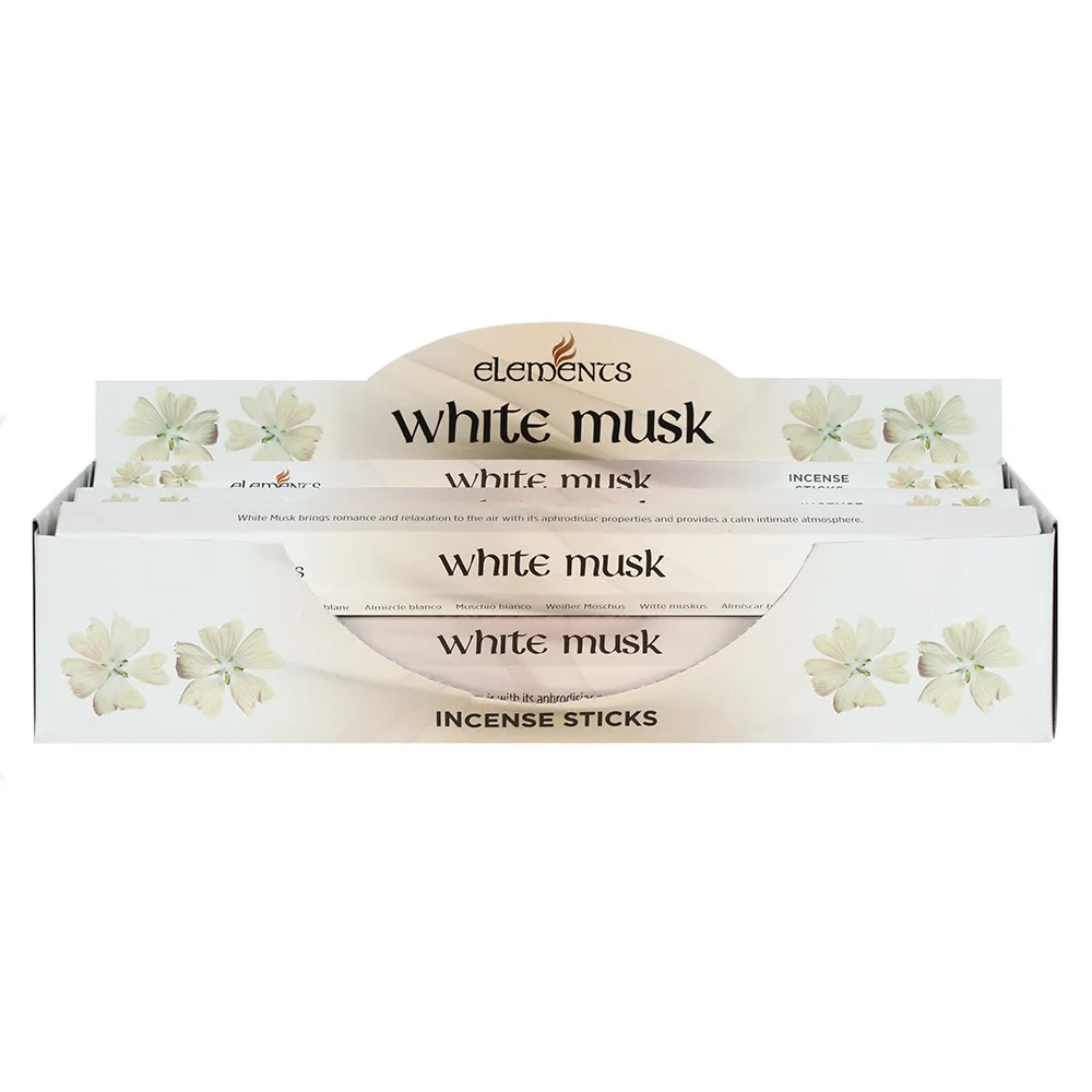 Set of 6 packs of Elements white musk incense sticks, each pack containing 20 sticks in white and green packaging