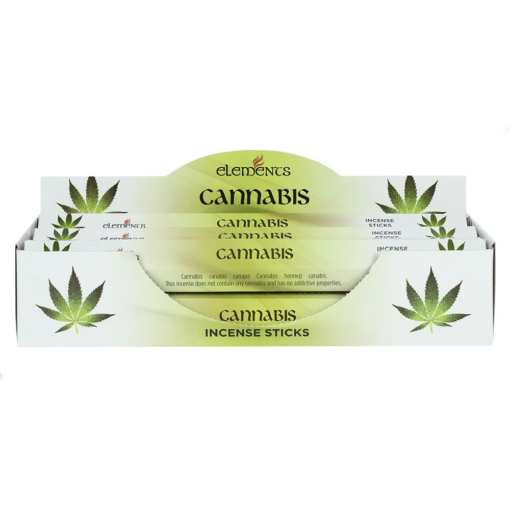 Set of 6 packs of Elements cannabis incense sticks in green and beige packaging, each containing 20 sticks, stacked side by side