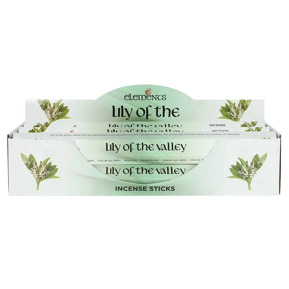 Set of 6 packs of Elements Lily of the Valley incense sticks in white and green packaging with floral design