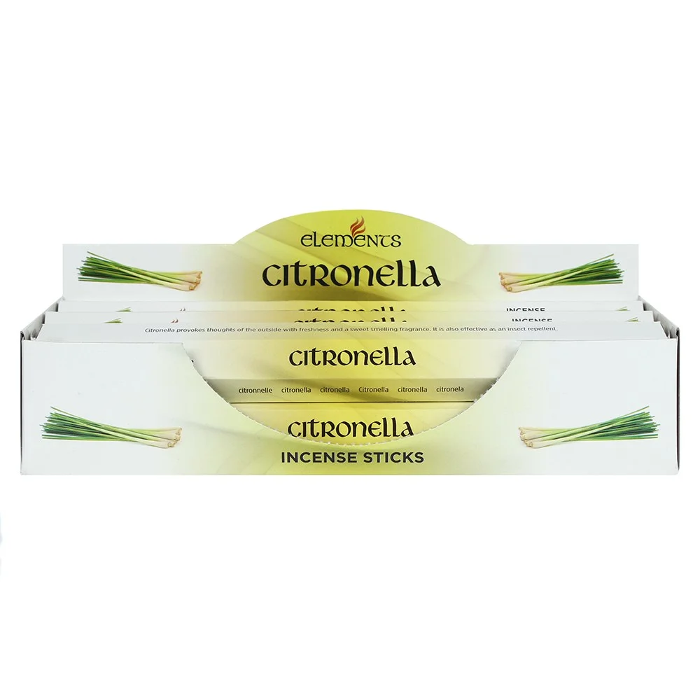 Set of 6 packs of Elements citronella incense sticks with yellow packaging, each containing 20 sticks, arranged side by side