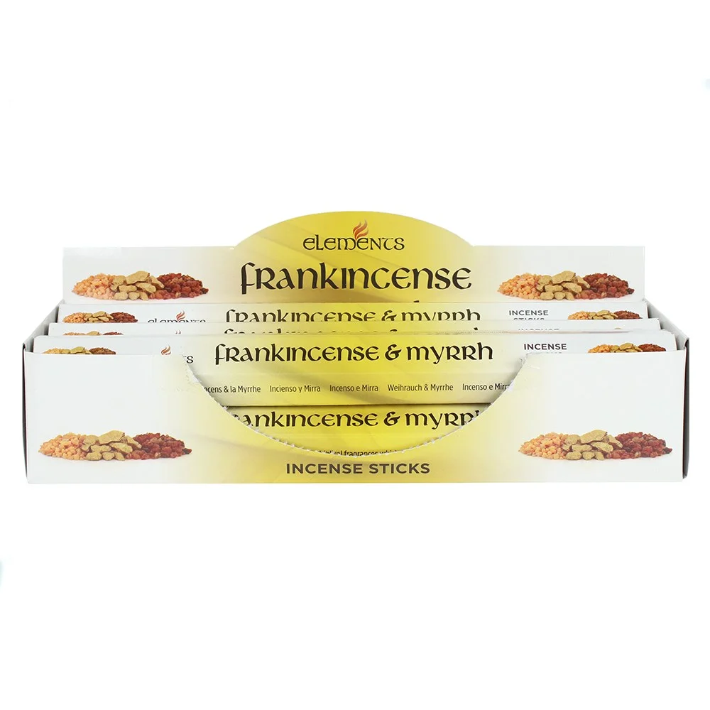 Set of 6 boxed packs of Elements frankincense myrrh incense sticks, each pack contains 20 sticks.