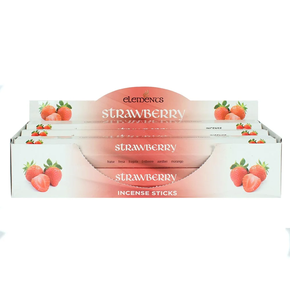 Set of 6 packs of Elements strawberry incense sticks, each pack containing 20 sticks in rectangular packaging