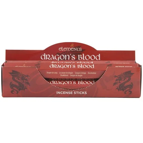 Set of 6 packs of Elements brand dragon's blood incense sticks in red and yellow packaging on white background