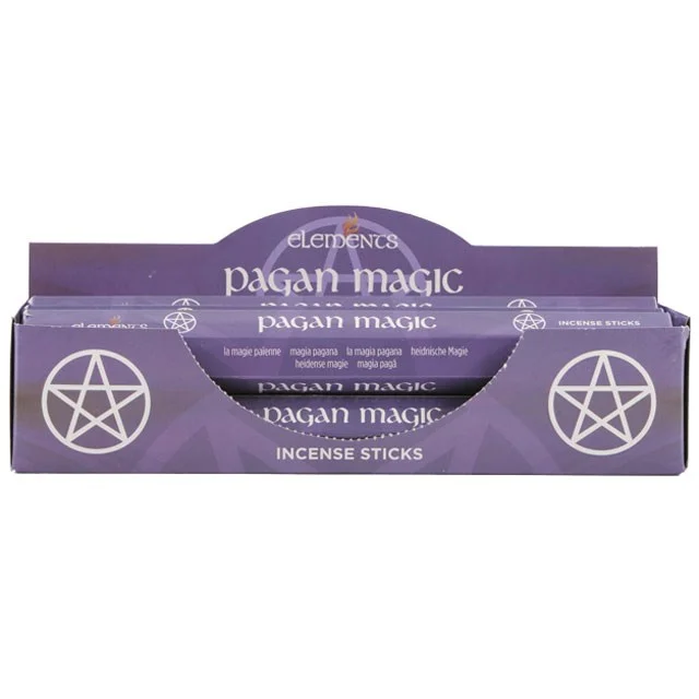 Box containing 6 packs of Elements Pagan magic incense sticks with Poison fragrance, each pack holding 20 sticks.