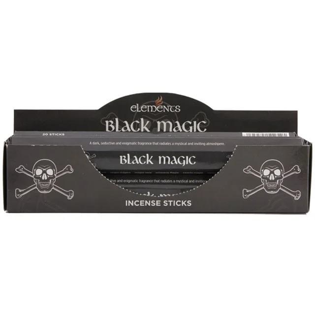 Box of 6 packs, each with 20 black magic incense sticks, displayed in a white cardboard case.