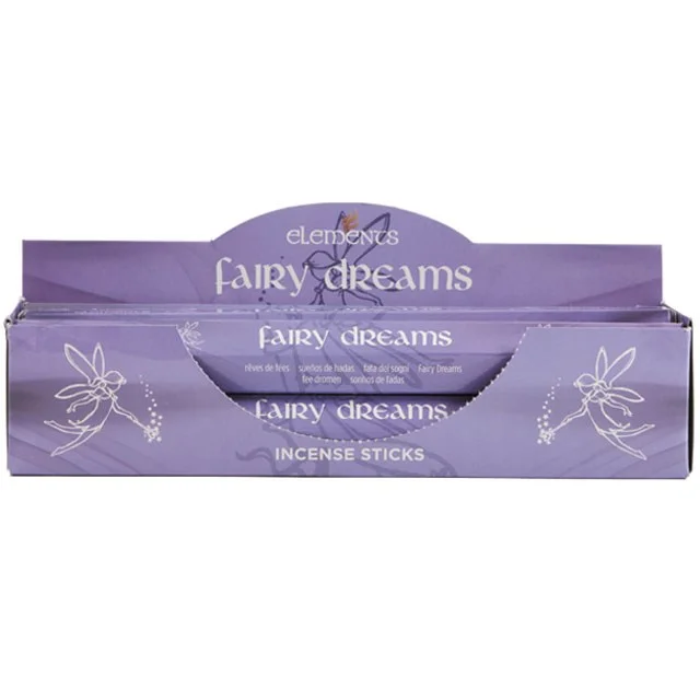 Set of 6 packets of Elements Fairy Dreams incense sticks with vanilla fragrance, each containing 20 sticks in a box