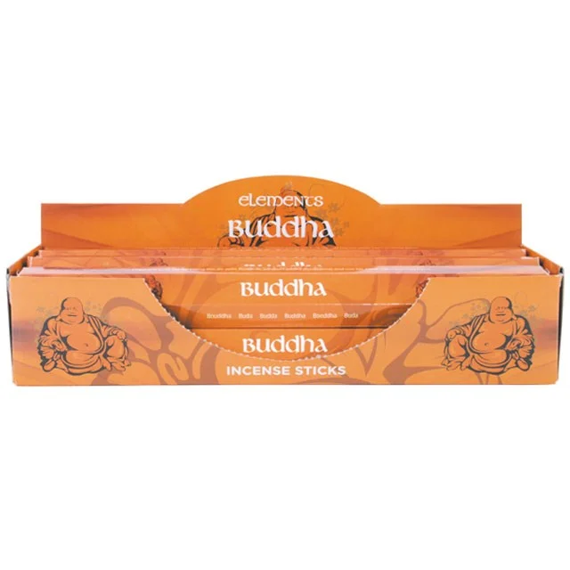 Set of 6 packs of Elements Buddha incense sticks, each pack containing 20 sticks, arranged side by side in packaging