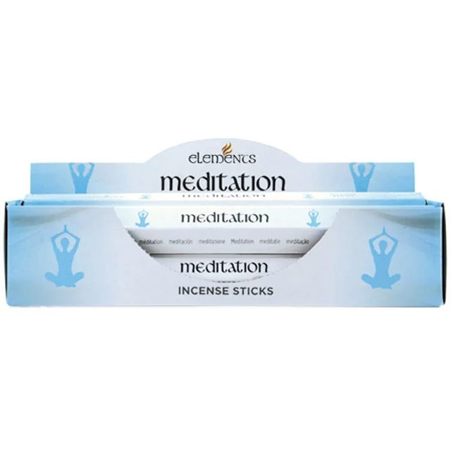 Box containing 6 packs of Elements meditation incense sticks with vanilla, sandalwood, and camomile scents on white background