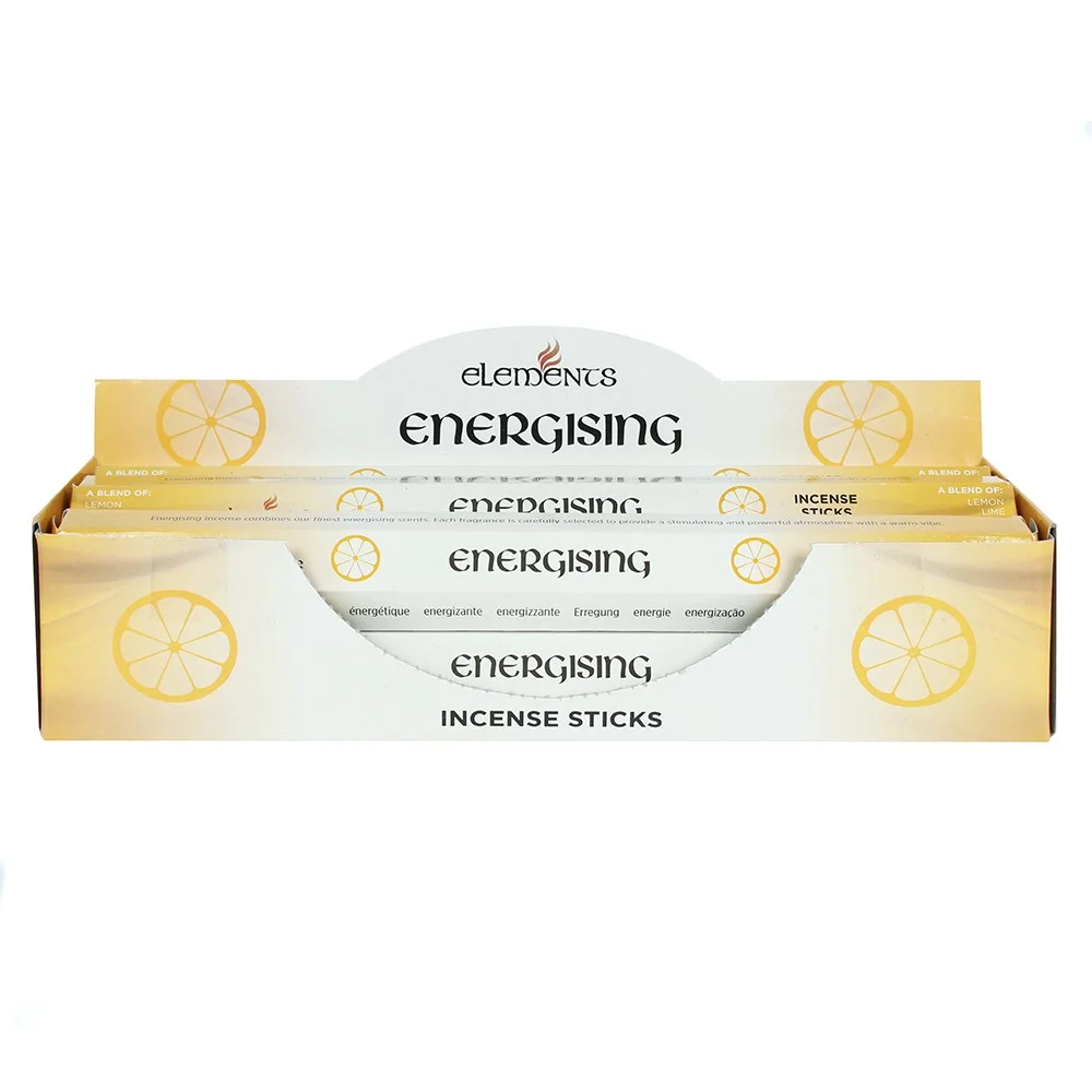 Box of 6 packs of Elements energising incense sticks with lemon, lime, and grapefruit scent on white background