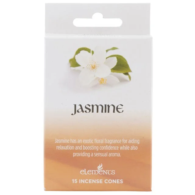 Set of 12 packs of Elements jasmine incense cones with a small round metal cone holder on white background