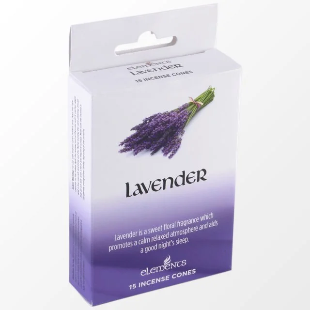 Display box with 12 packs of Elements lavender incense cones and a small round metal cone holder on white background