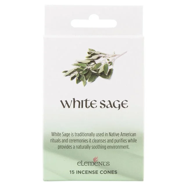 Set of 12 packets of Elements white sage incense cones with small round metal cone holder on white background