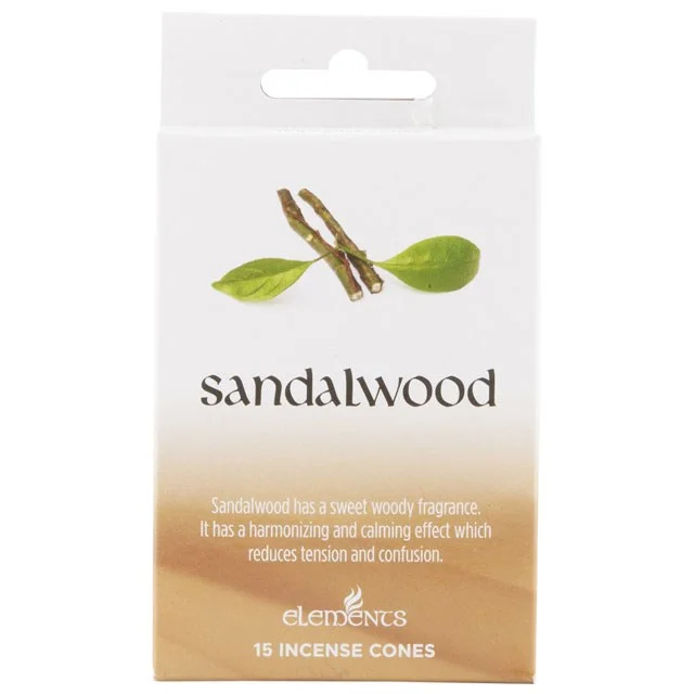 Display box with 12 packs of Elements sandalwood incense cones and a small round metal cone holder on white background