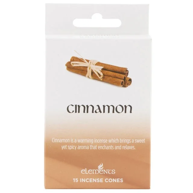 Display box holding 12 packs of Elements cinnamon incense cones, each pack with 15 cones, a small round metal holder inside.