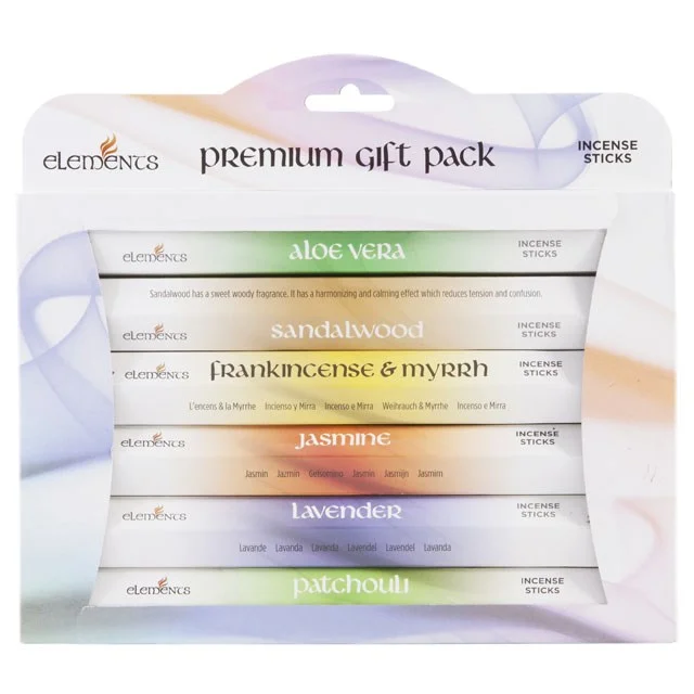 Box containing 6 assorted packs of Elements premium incense sticks, each with 20 sticks, in colorful packaging