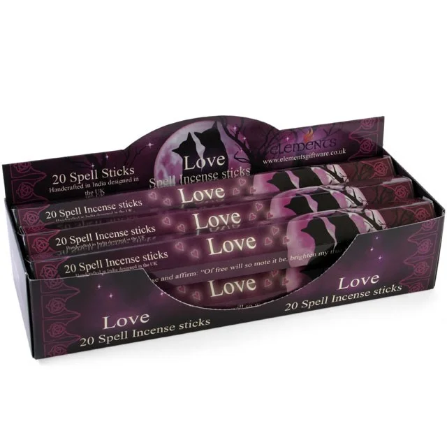 Display box with 6 packets of love spell incense sticks by Lisa Parker, each packet containing 20 scented sticks