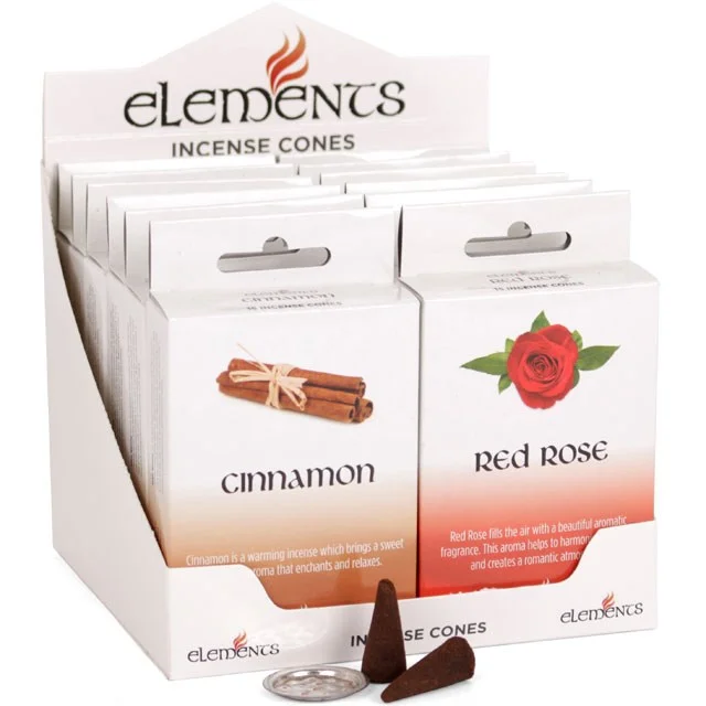 Box of 12 packets of 15 vegan incense cones mixed pack, featuring jasmine, patchouli, vanilla, and sandalwood.