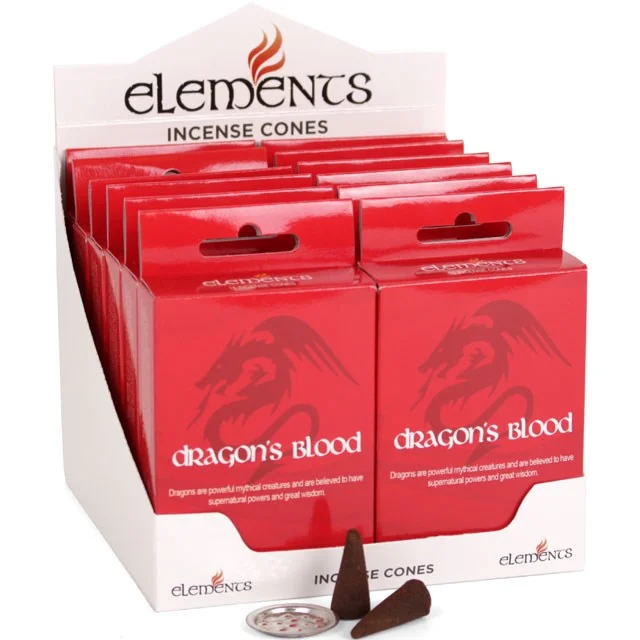 Set of 12 packets of Elements Dragon's Blood incense cones in a rectangular box with red and white packaging