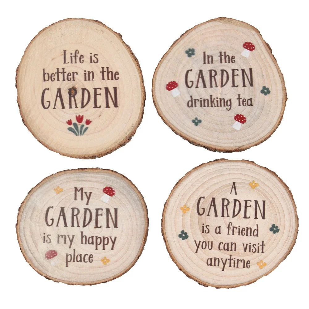 Set of four round wood slice coasters with garden quotes, ideal for outdoor dining or summerhouse use