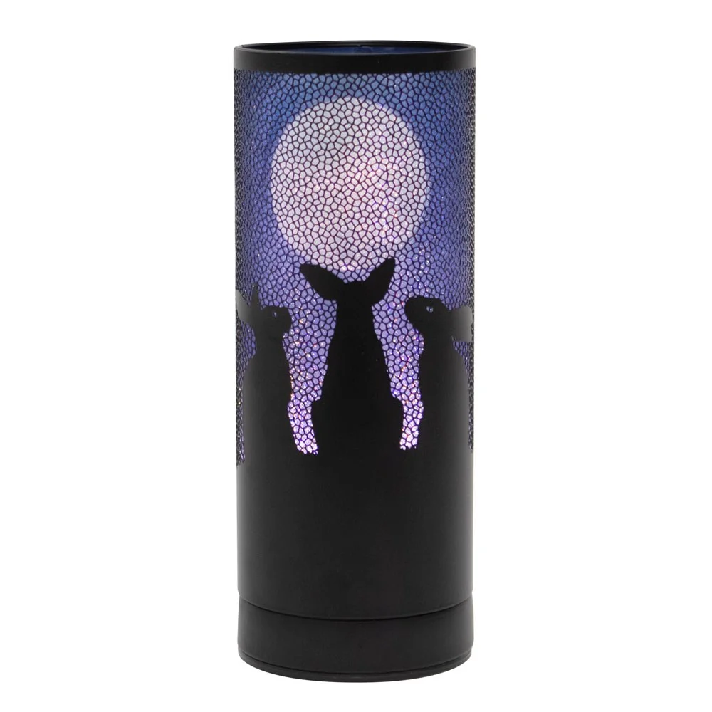 Moon Gazing Hares aroma lamp with black hare silhouettes and full moon on purple background, LED light and USB plug