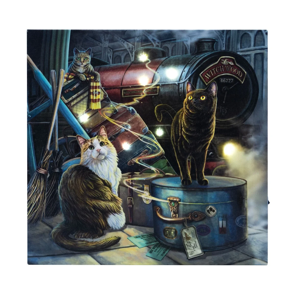Light up canvas plaque showing three cats playing on a magical train platform with Witchwood Express steam train background