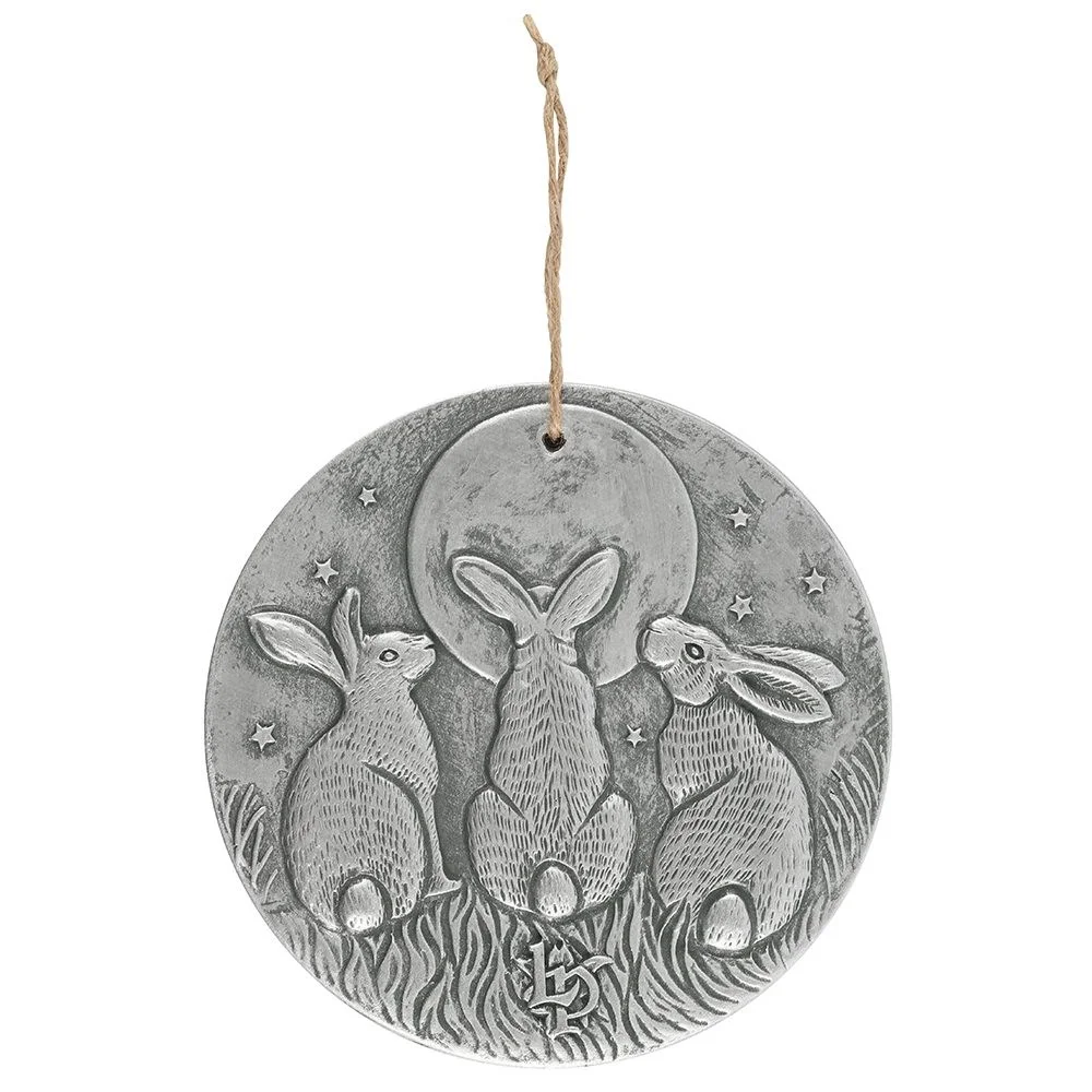 Silver effect wall plaque featuring three moon-gazing hares on a terracotta background, 20cm square, garden decor