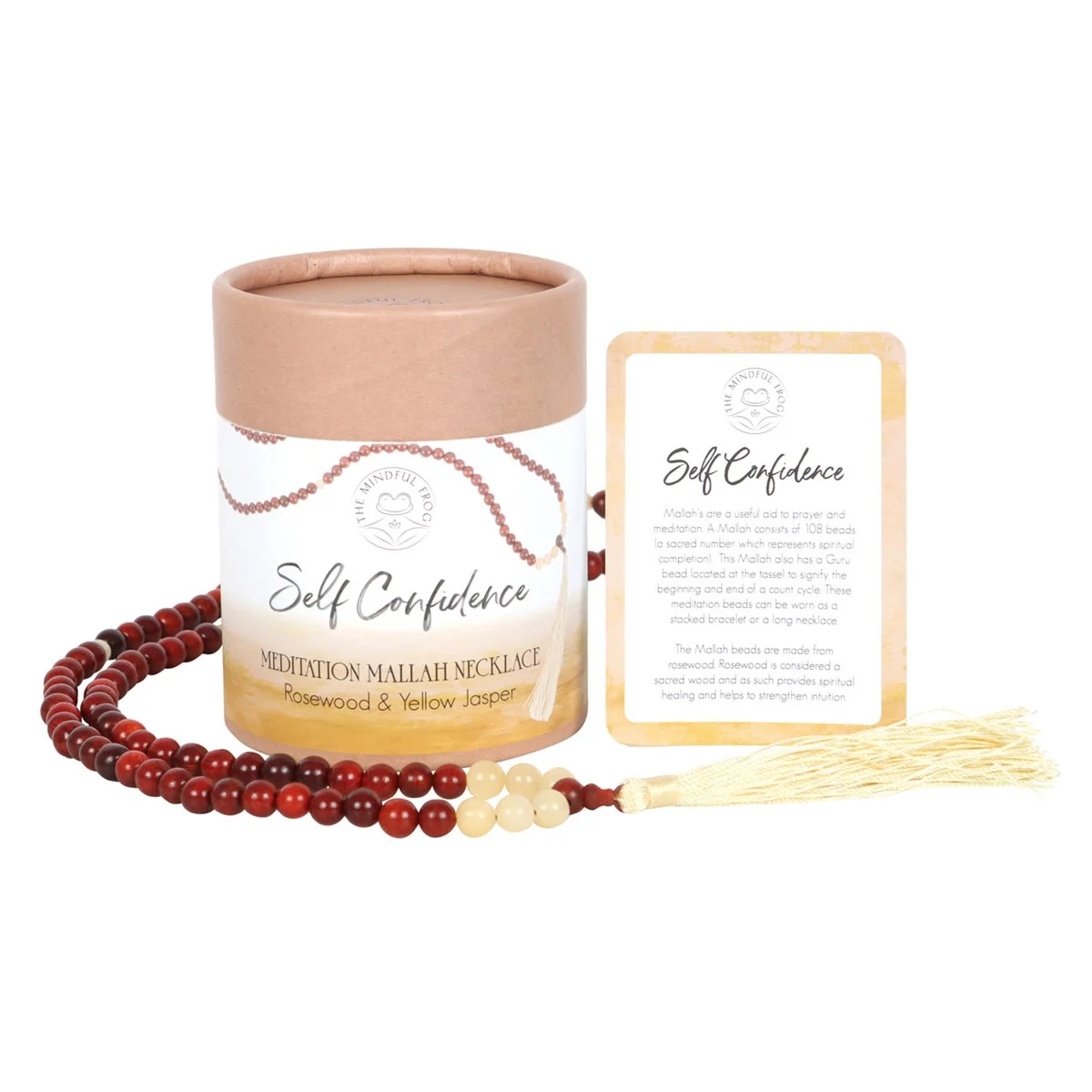Self Confidence Necklace with 108 rosewood beads, yellow jasper stones, and a decorative tassel on a white background