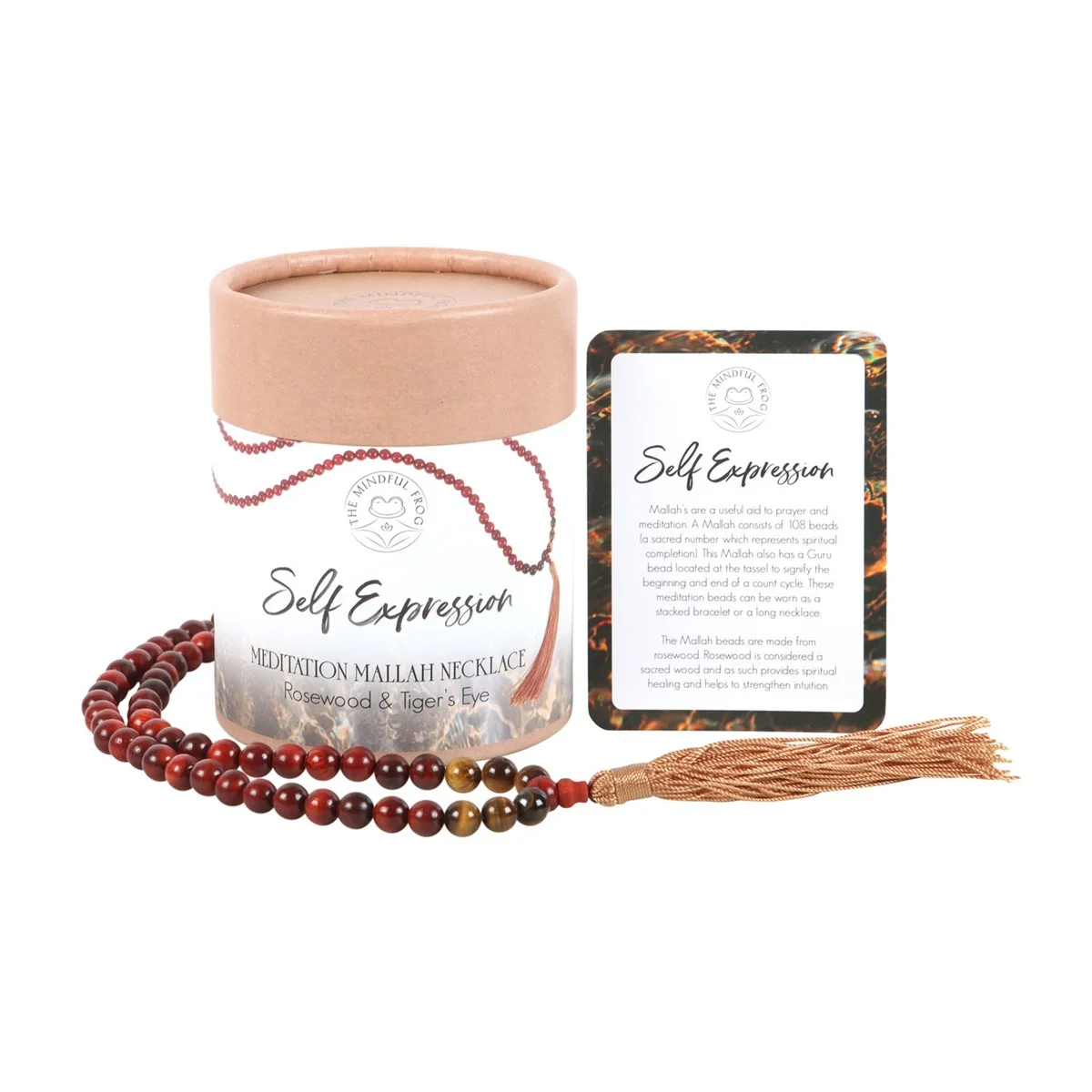 Rosewood and Tiger's Eye bead Mallah necklace with 108 beads and decorative tassel on white background